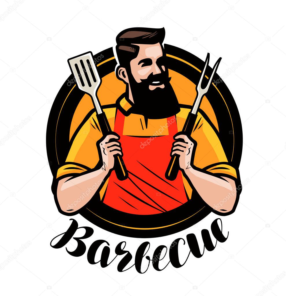 BBQ, barbecue logo or label. Chef or happy cook holding a spatula and fork. Cartoon vector illustration
