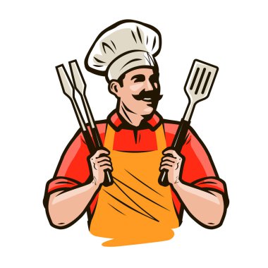 Şef veya mutlu aşçı bir ızgara tutarak maşa ve spatula araçları. Barbekü, kebap yemek. Karikatür vektör