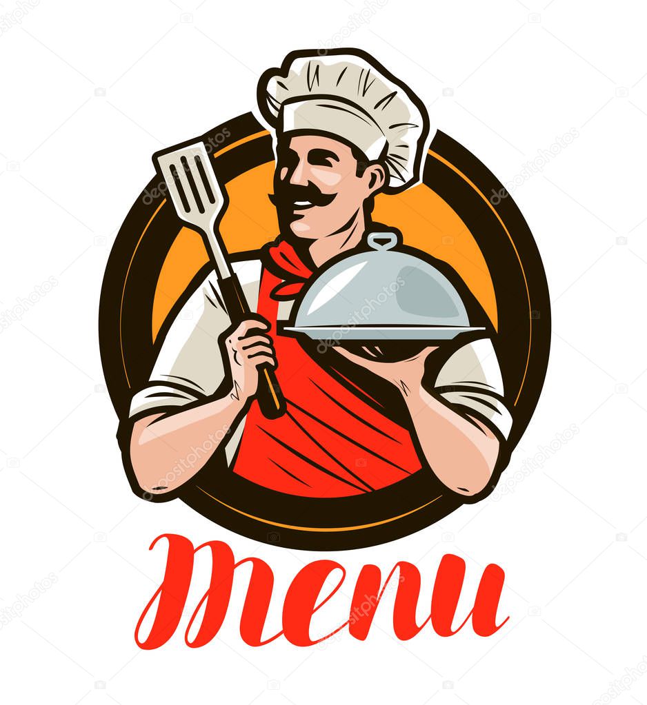 Chef holding a tray. Design menu for a restaurant or cafe. Label vector
