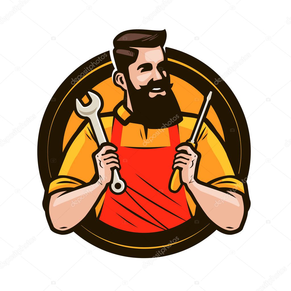 Repair, maintenance logo or label. Repairman holds in hands tools a wrench and screwdriver. Cartoon vector