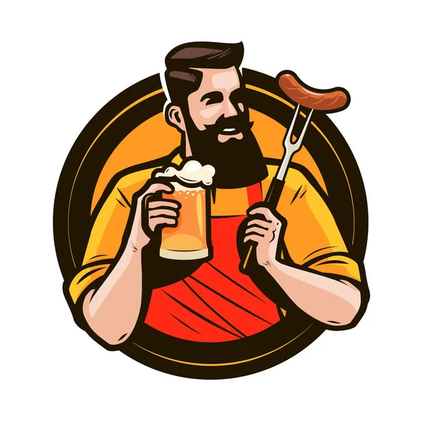 Un hombre feliz sosteniendo una taza de cerveza fresca. Cervecería, pub, bebida alcohólica logotipo o etiqueta. Ilustración vectorial — Archivo Imágenes Vectoriales