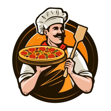 Pizzacı, lokanta logo veya etiket. Mutlu Şef pizza ve kürek kemiği elinde tutan. Vektör çizim