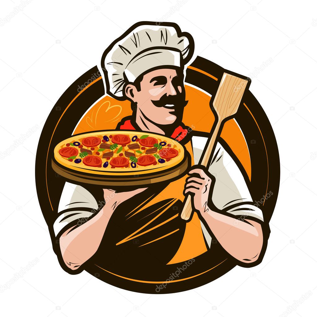 Pizzeria, fast food logo or label. happy chef holding pizza and scapula in hands. vector