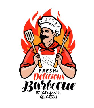 Barbekü logo veya etiket. Aşçı ya da ızgara araçları spatula ve çatal tutan mutlu aşçı