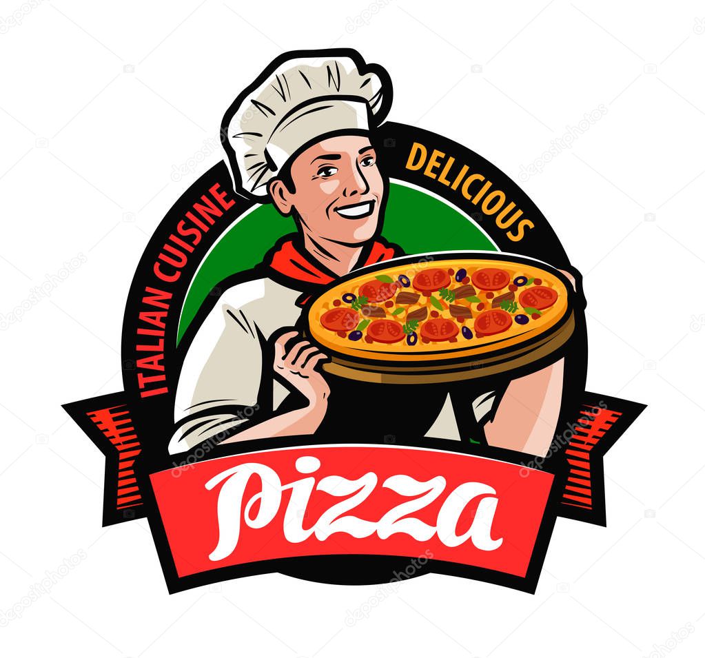 Happy chef with pizza in hand. pizzeria logo or label. cartoon vector
