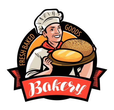ekmek, ekmek fırınları logo veya etiket. mutlu baker veya aşçı ile ekmek yemek,
