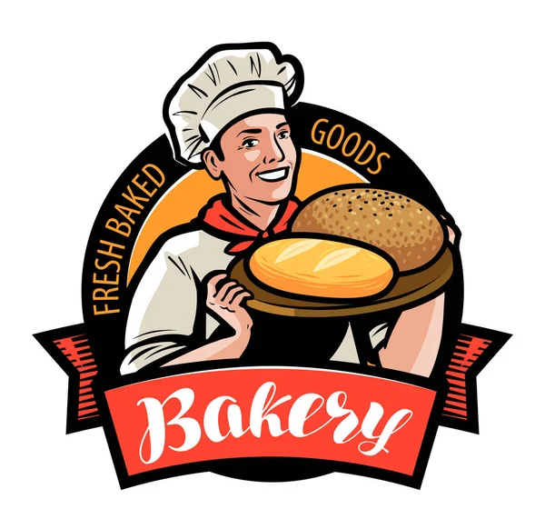 Bakery Bakehouse Logo Label Happy Baker Chef Cook Bread — Stock Vector