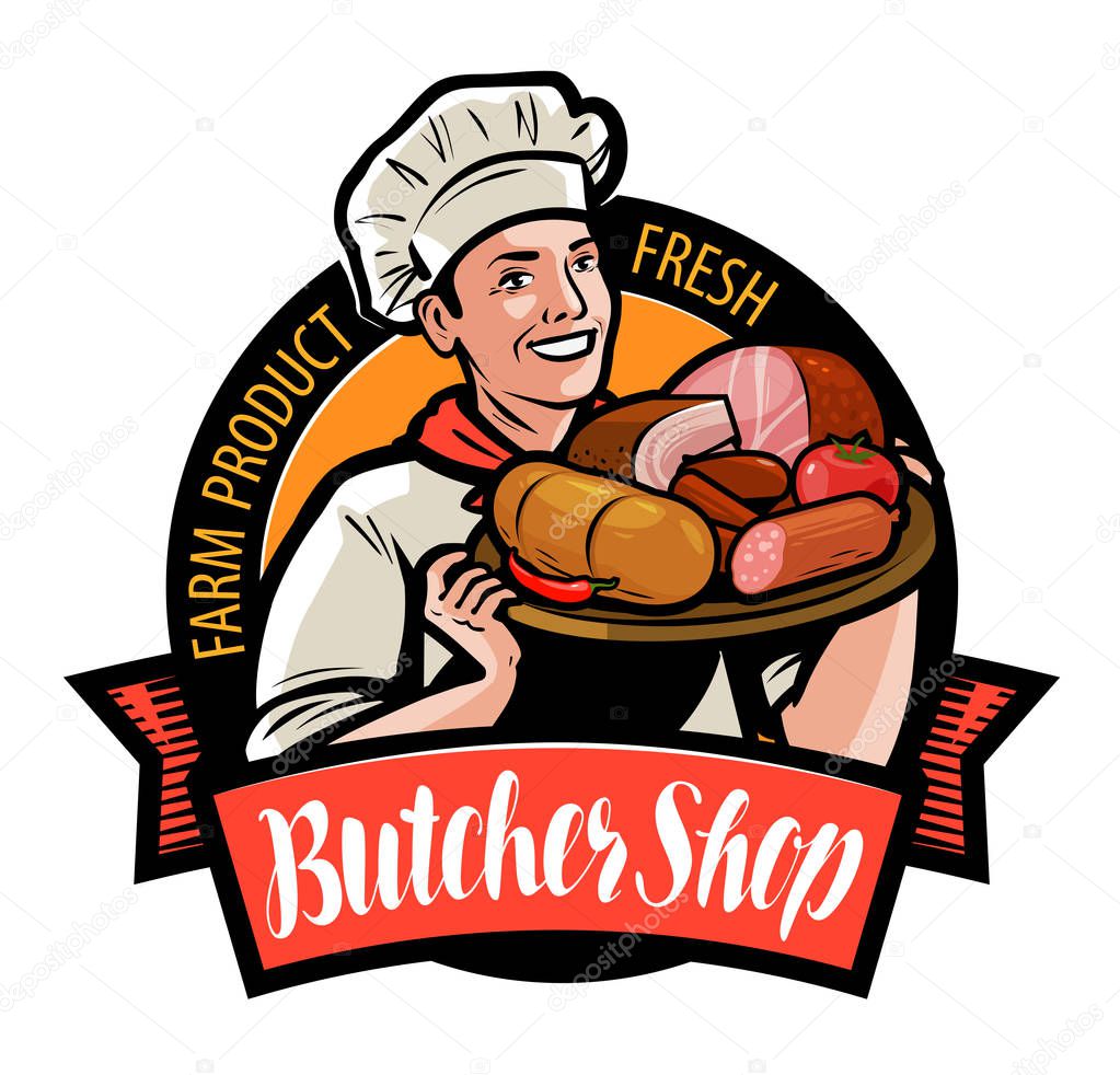 Butcher shop logo or label. happy cook holding a tray with meat products. cartoon vector