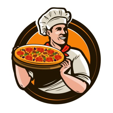 bir tepsi pizza elinde Şef. Fast food, Restoran, pizza logosu. vektör