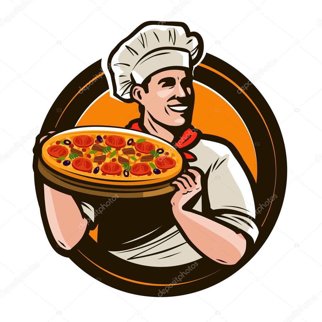 Chef holding a tray of pizza. fast food, restaurant, pizzeria logo. vector