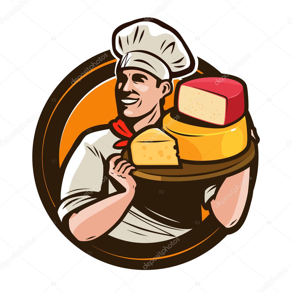 Chef holding a tray of cheese. Food, eating concept. Vector