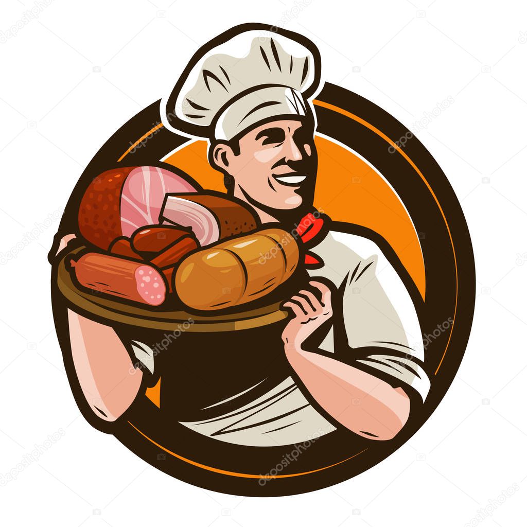 Cook holding a tray of meat products. Butcher shop logo. Vector illustration