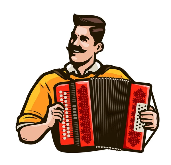 Glücklicher Mann, der Ziehharmonika spielt. Musikfestival-Konzept. Zeichentrickvektorillustration — Stockvektor