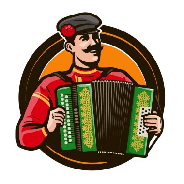 Mutlu Akordeon çalan bir müzik aleti çalma. Rus folklor müzik konsepti. Çizgi film vektör çizim