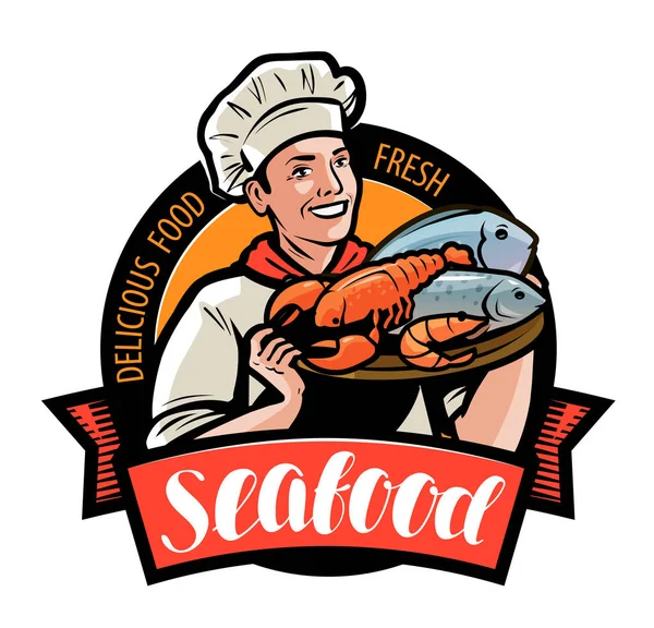 Seafood Logo Happy Cook Holding Tray Food Cartoon Vector Illustration — Stock Vector