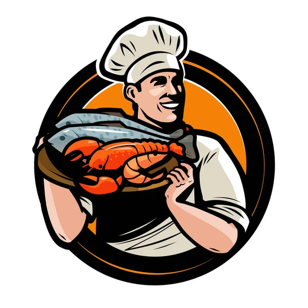 Logo Étiquette Fruits Mer Chef Avec Plateau Illustration Vectorielle — Image vectorielle