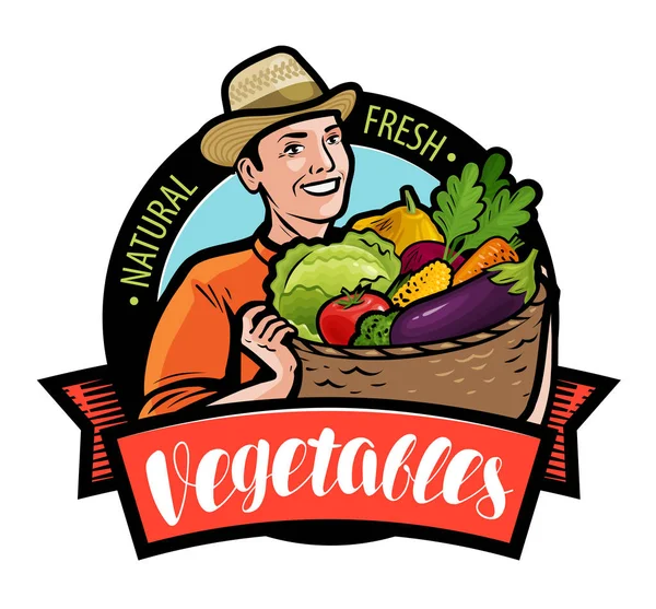 Feliz Granjero Sosteniendo Canasta Mimbre Con Verduras Vector Dibujos Animados — Vector de stock