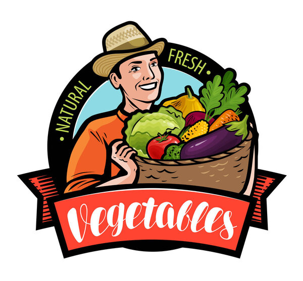 Happy farmer holding wicker basket with vegetables. Cartoon vector