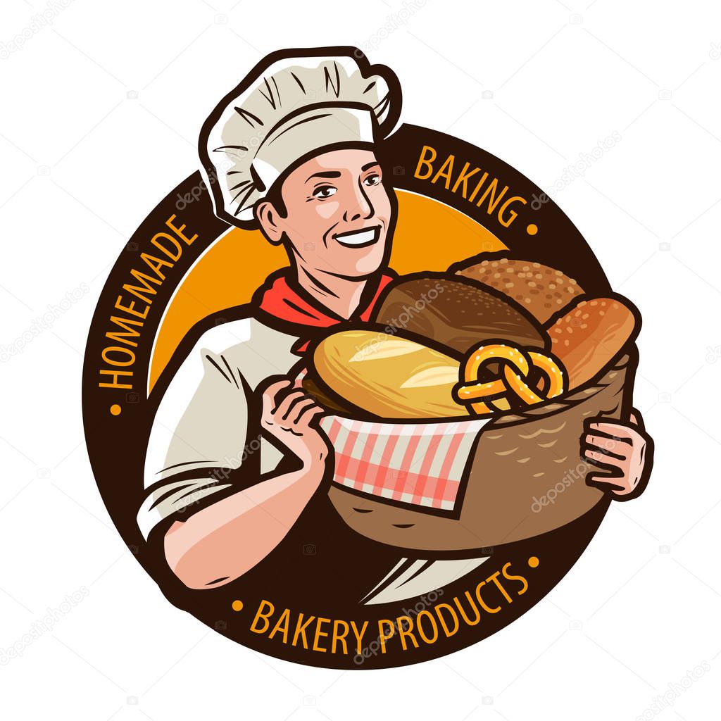 bakery, bakeshop logo or label. home baking, bread concept. cartoon vector illustration isolated on white background