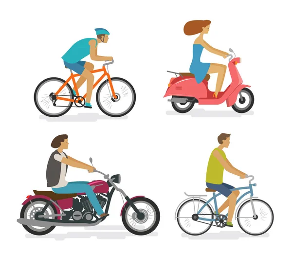 Transportation Trip Driving Icon Set People Rides Transport Concept Cartoon — Stock Vector