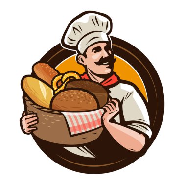 ekmek, ekmek fırınları logo veya etiket. Baker bir hasır sepet taze pişmiş ekmek ile. vektör