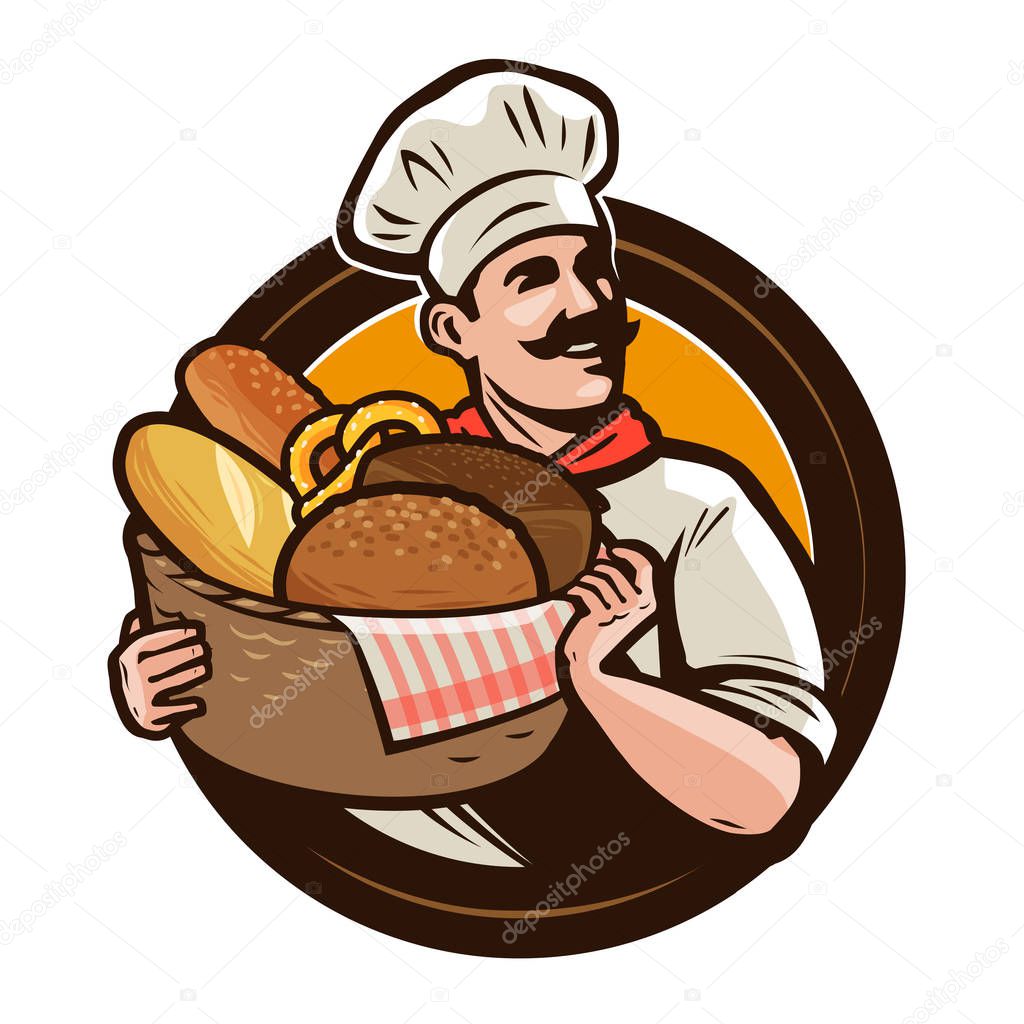 Bakery, bakehouse logo or label. baker with a wicker basket of freshly baked bread. vector