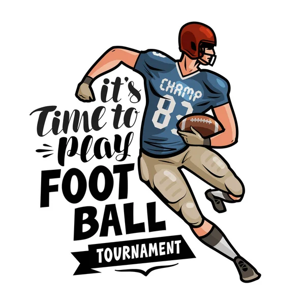 フットボール選手は彼の手にボールを持って走る サッカーをプレイする時間をレタリングします 漫画のベクトル — ストックベクタ