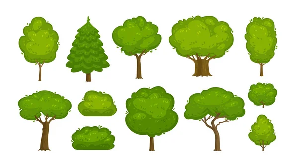 Trees Bushes Set Icons Forest Nature Environment Concept Cartoon Vector — Stock Vector