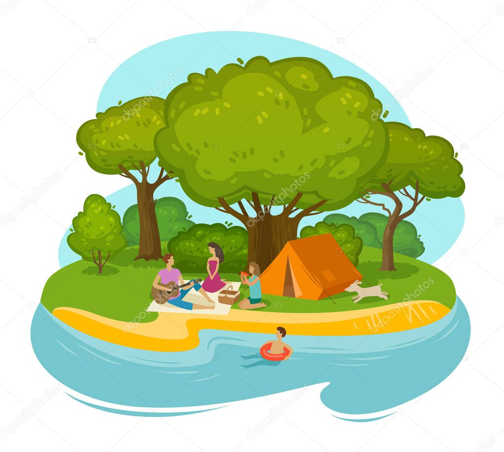 Happy family having a rest on a picnic outdoors. Cartoon vector