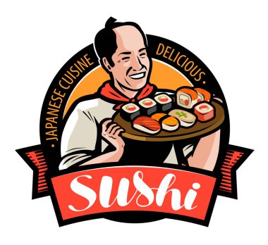 Suşi yemek logo veya etiket. Japon mutfağı, Restoran amblemi. Beyaz arka plan üzerinde izole vektör çizim