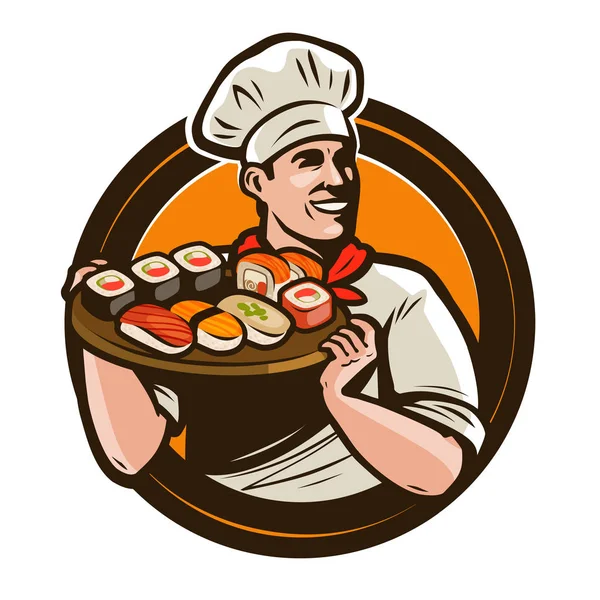 寿司食品标识或标签 日本料理 餐厅会徽 在白色背景上隔离的矢量插图 — 图库矢量图片