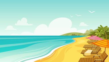 Deniz plaj ve güneş şezlong. Deniz tatil afiş. Çizgi film vektör çizim