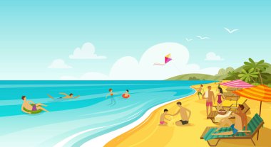 insanlar deniz plaj üzerinde bekletin. tatil, seyahat afiş. karikatür vektör