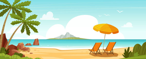 Sea beach and sun loungers. Seascape, vacation banner. Cartoon vector
