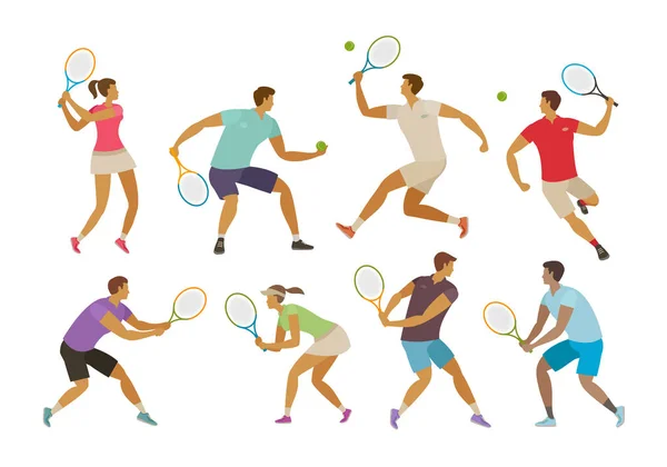 网球运动员与网球球拍 体育概念 在白色背景下孤立的滑稽卡通矢量插图 — 图库矢量图片
