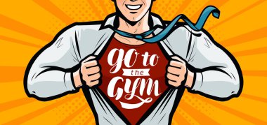 Spor, fitness vücut geliştirme afiş. Vektör çizim tarzı çizgi roman pop sanat