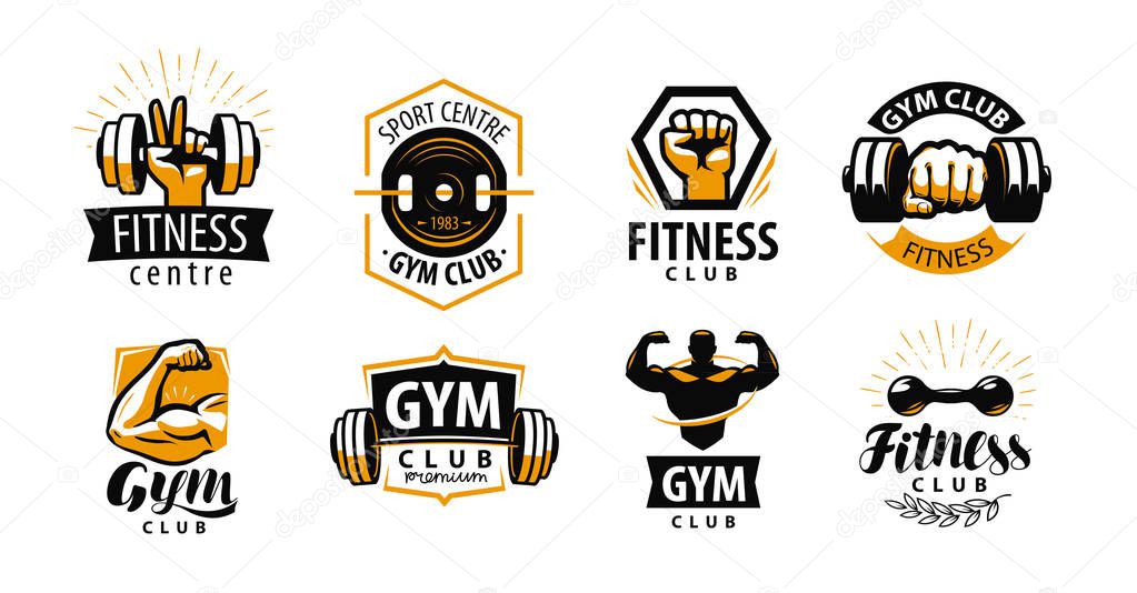 Gym, fitness logo or label. Sport, bodybuilding concept. Vector illustration isolated on white background