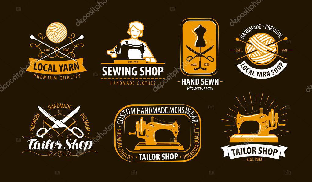 Tailoring, tailor shop logo or label. atelier, knitting symbol set. vector