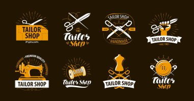 Terzilik, terzi Dükkanı logo veya etiket. Atelier sembol kümesi. Vektör çizim