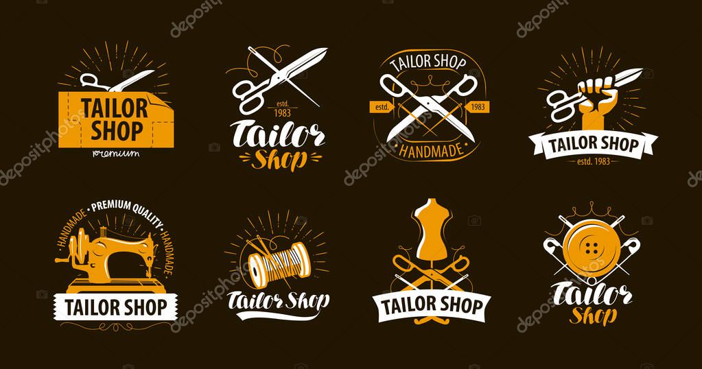 Tailoring, tailor shop logo or label. Atelier symbol set. Vector