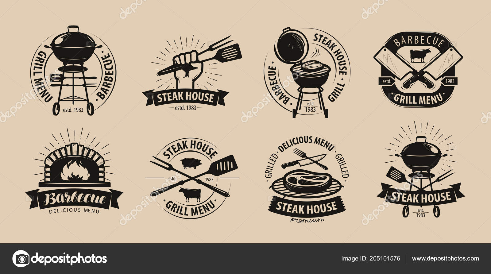 Bbq Barbecue Grill Logo Icons Labels Menu Restaurant Cafe Vector
