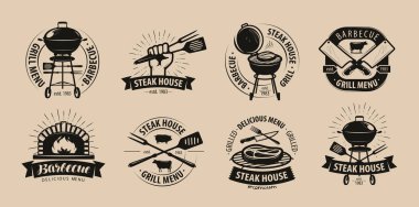 Barbekü, Barbekü, ızgara logo veya simgeler. Kafe ve restoran menü için etiket. Vektör