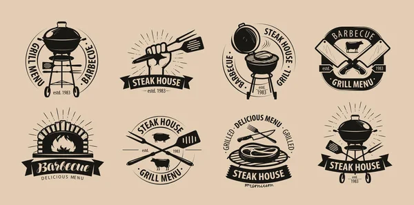 Μπάρμπεκιου Μπάρμπεκιου Γκριλ Λογότυπο Εικονίδια Ετικέτες Για Μενού Του Εστιατορίου — Διανυσματικό Αρχείο