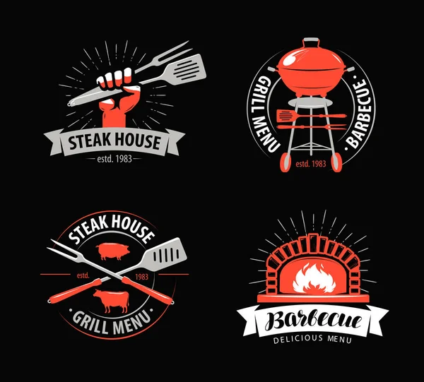 BBQ, barbecue, grill logo or symbol. Labels for menu of restaurant or cafe. Vector illustration — Stock Vector