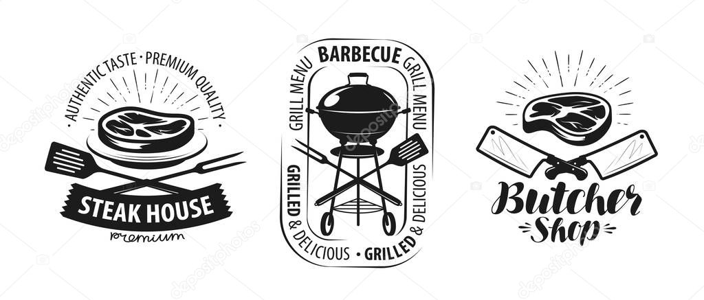 Barbecue, grill, butcher shop logo or label. food concept. vector isolated on white background