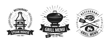 Barbekü, ızgara logo veya etiket. Barbekü amblemi. Vektör çizim