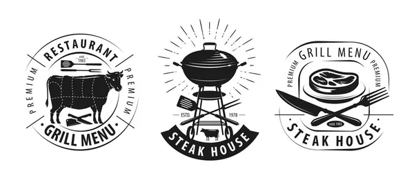 Filete Logotipo Barbacoa Etiqueta Emblemas Para Diseño Menú Restaurante Vector — Archivo Imágenes Vectoriales