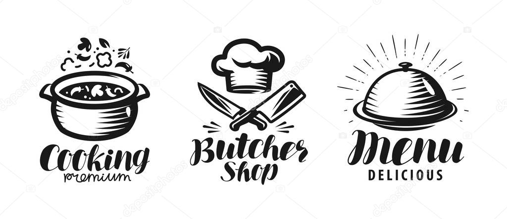 Cooking, butcher shop, menu logo or label. Food concept. Lettering vector illustration isolated on white background