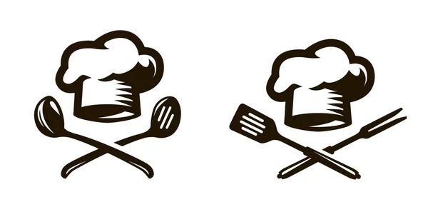 シェフのロゴやアイコン レストランやカフェのメニューのラベル 白い背景に分離されたベクトル記号 — ストックベクタ