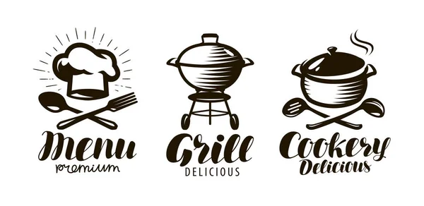 Cuisinière Grill Logo Menu Étiquette Concept Nourriture Illustration Vectorielle Lettrage — Image vectorielle